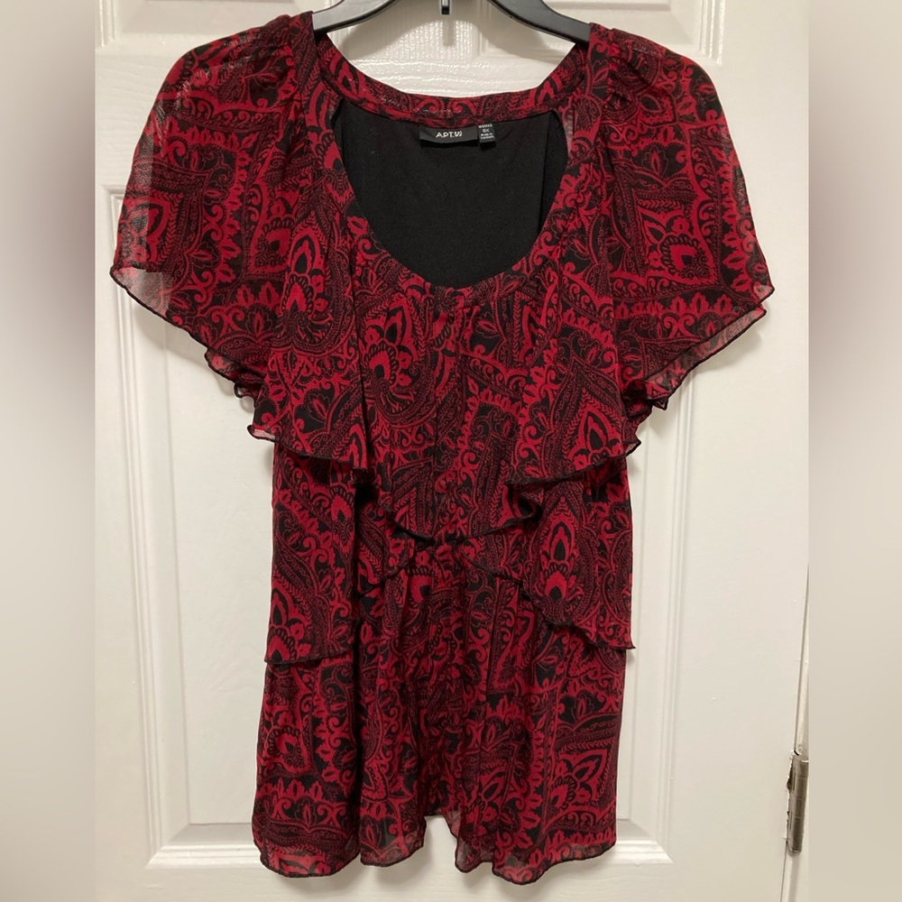 Apt. 9 Red & Black Paisley Layered Ruffle Women’s Short Sleeve Blouse #Q
